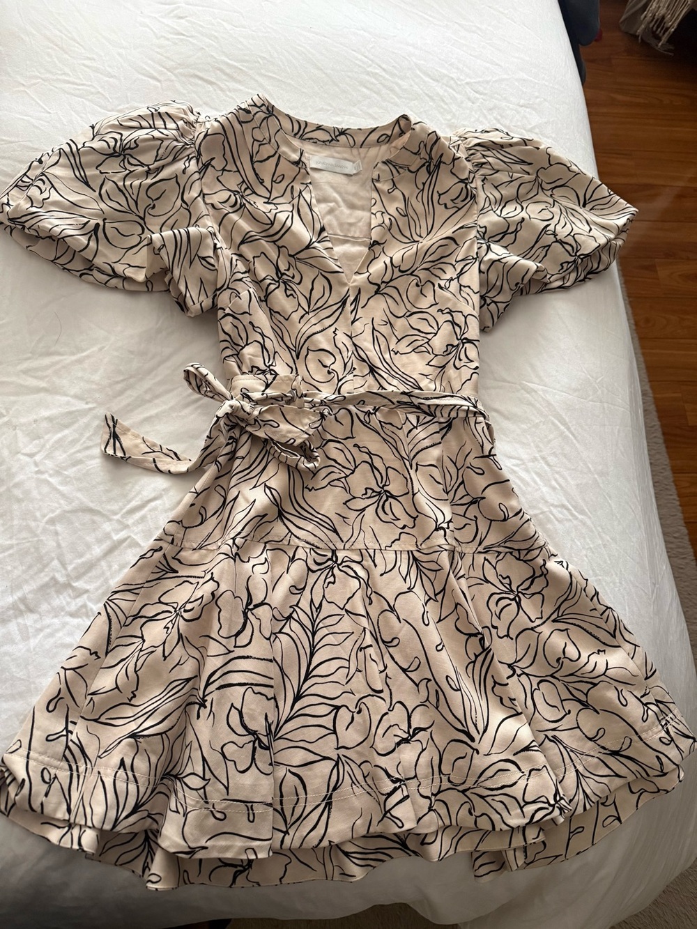 Jonathan Simkhai Beige Floral Tie-Waist Puff Sleeve Mini Dress